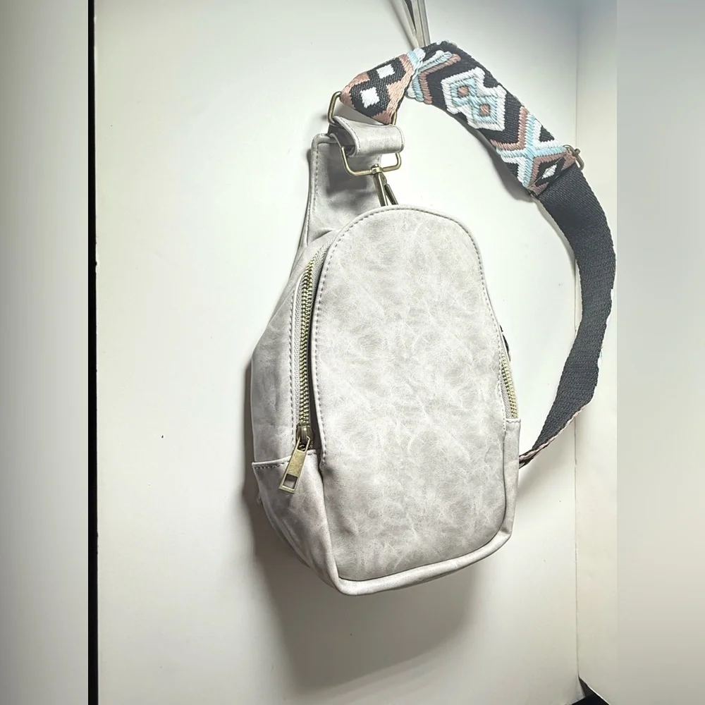 Gray Crossbody Bag with Patterned Strap